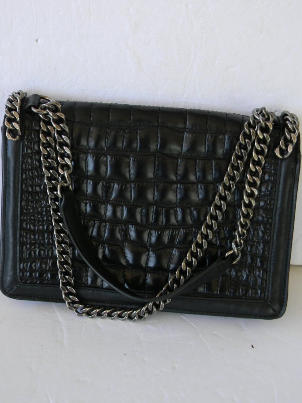 Zara Black MEDIUM Leather Croc Embossed Silver Chain Shoulder Bag ADJUSTABLE